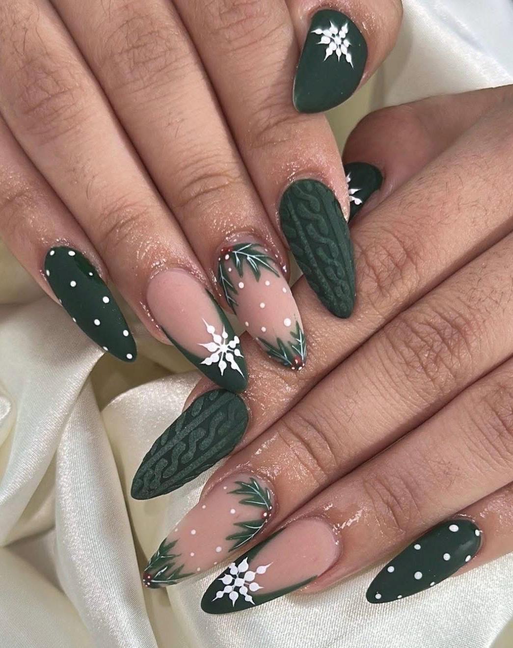 Dark Green Christmas Nails – Sweater Knit Texture, Snowflake Almond Press On Nails, Winter Holiday Cozy Nail Set, Handmade Gift Nails