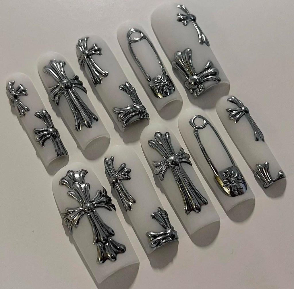 3D Cross Press On Nails: Matte Metallic Art, Custom Design