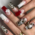 Luxury Holiday Press On Nails | Red & White 3D Chrome Design with Pearls | Sculpted Gold Accent Nails | Modern Festive Nail Art Set