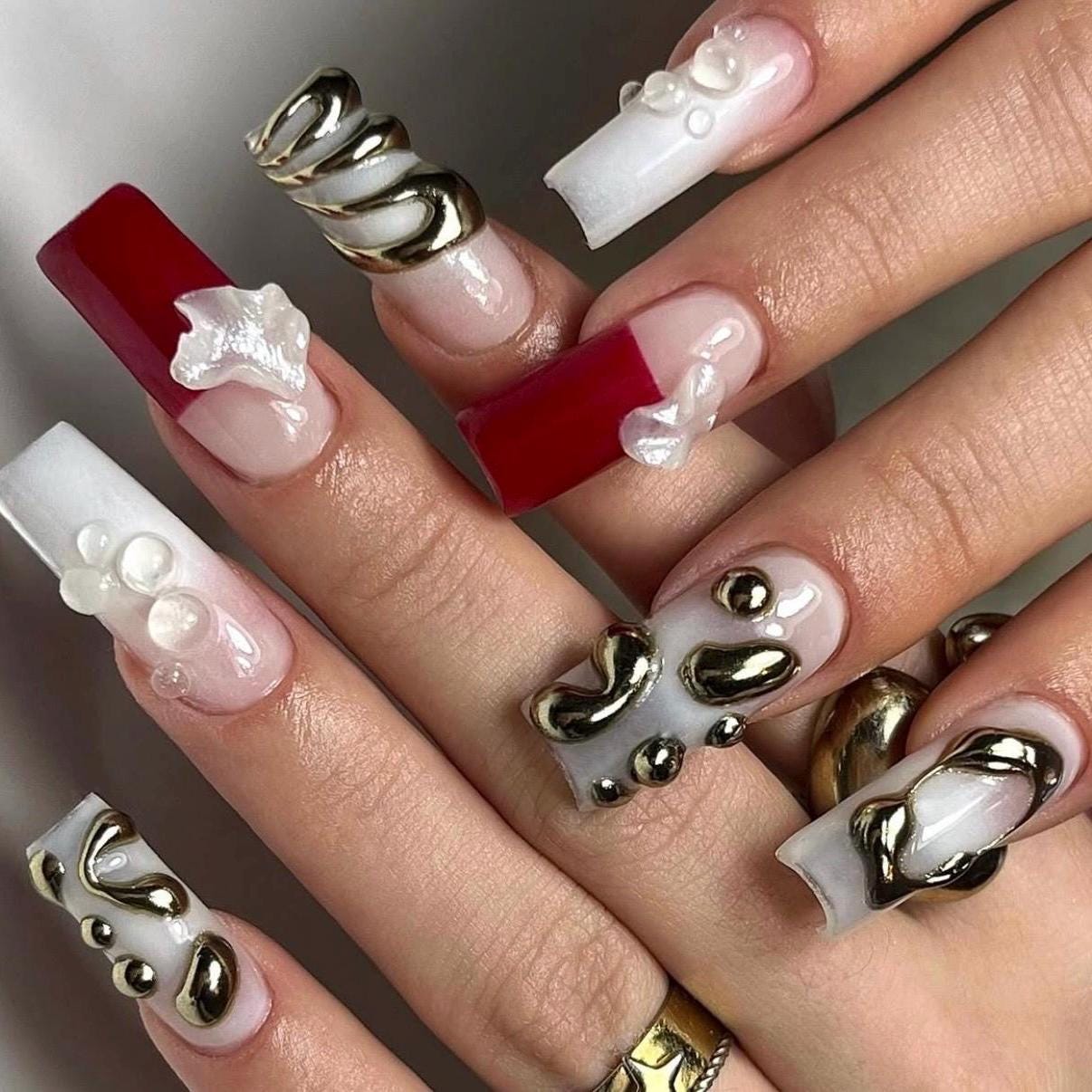 Luxury Holiday Press On Nails | Red & White 3D Chrome Design with Pearls | Sculpted Gold Accent Nails | Modern Festive Nail Art Set