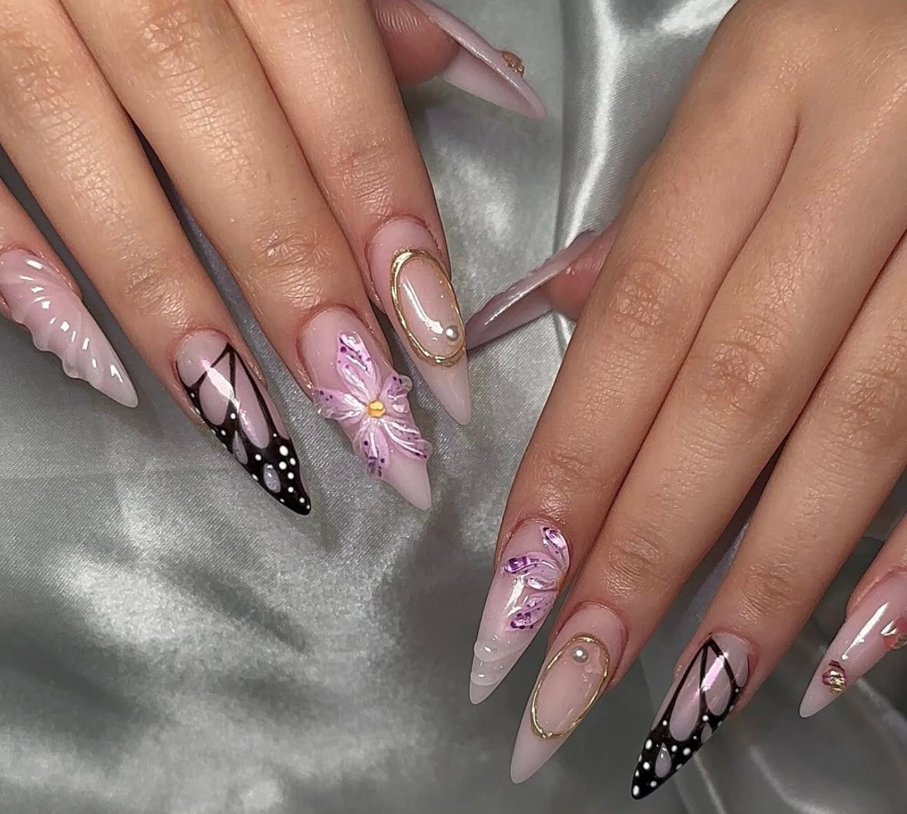 Almond Press On Nails: 3D Gel Black Design, Gold Chrome & Pearl Rhinestones