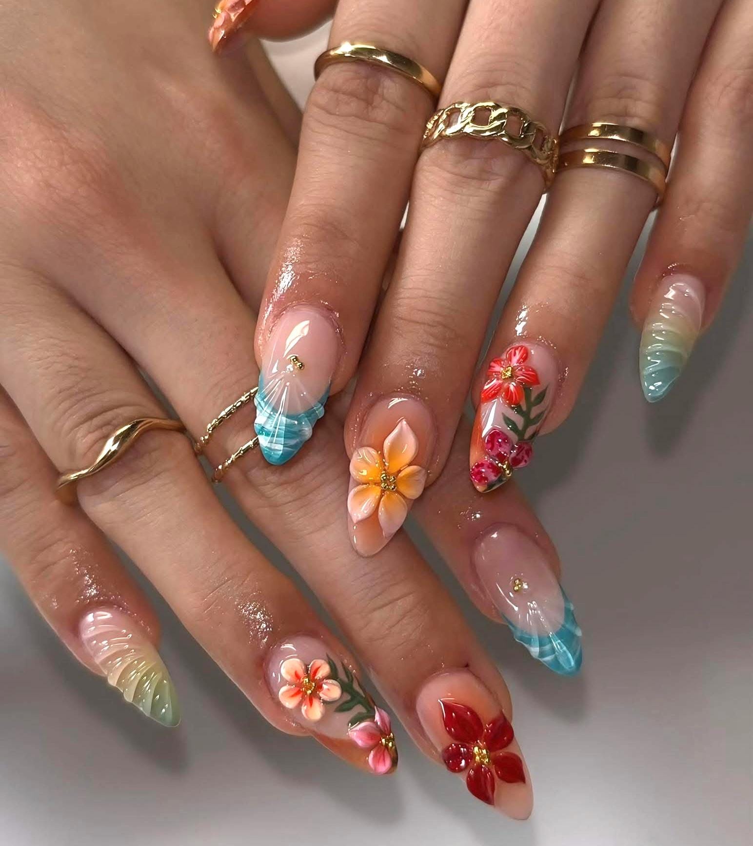 3D Flower Press On Nails: Colorful Ocean Wave Design, Reusable Vacation Nail Set