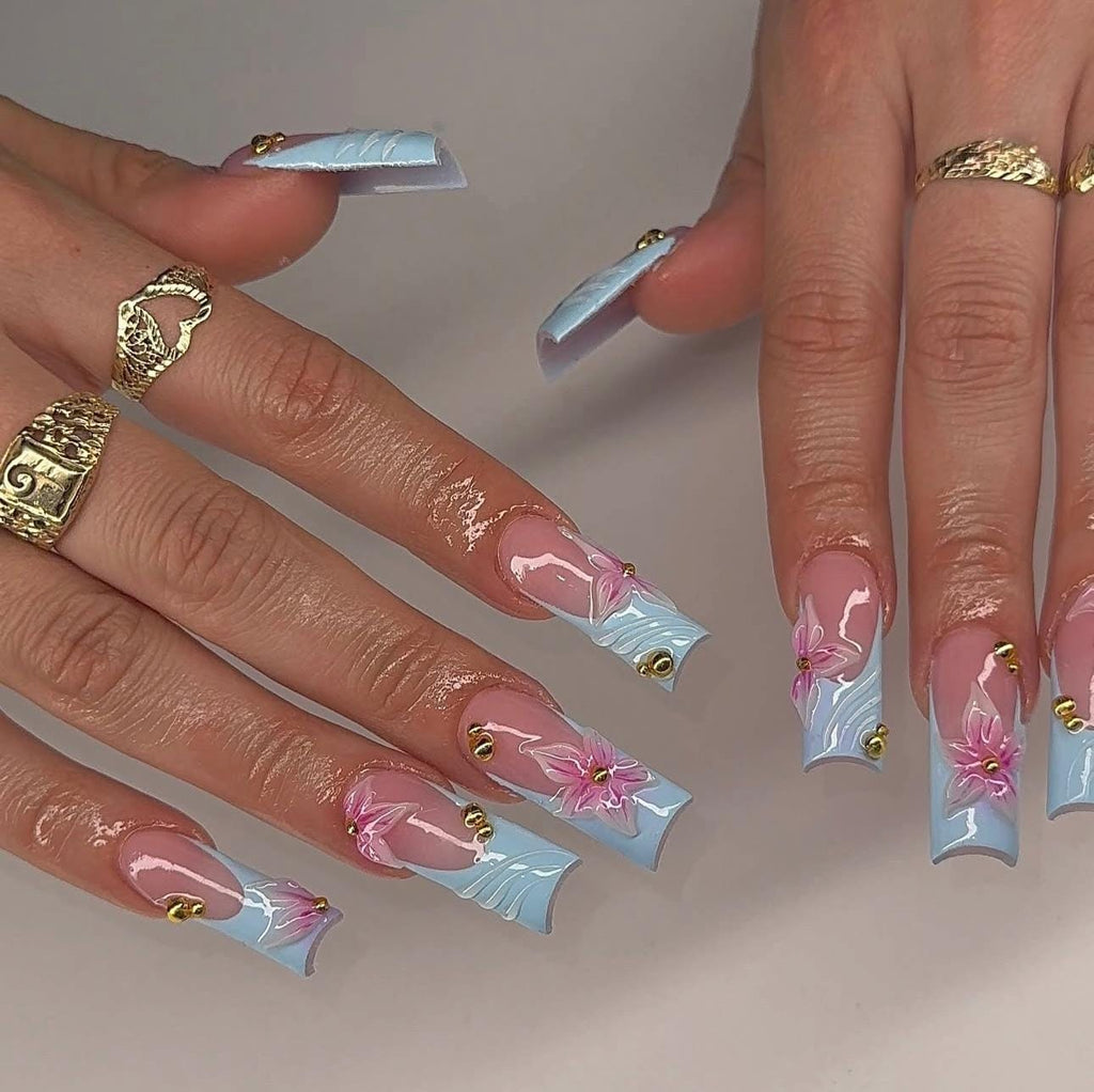 3D Floral Press On Nails: Baby Blue French Tip, Soft Pink Base, Long Square Handmade Nail Set