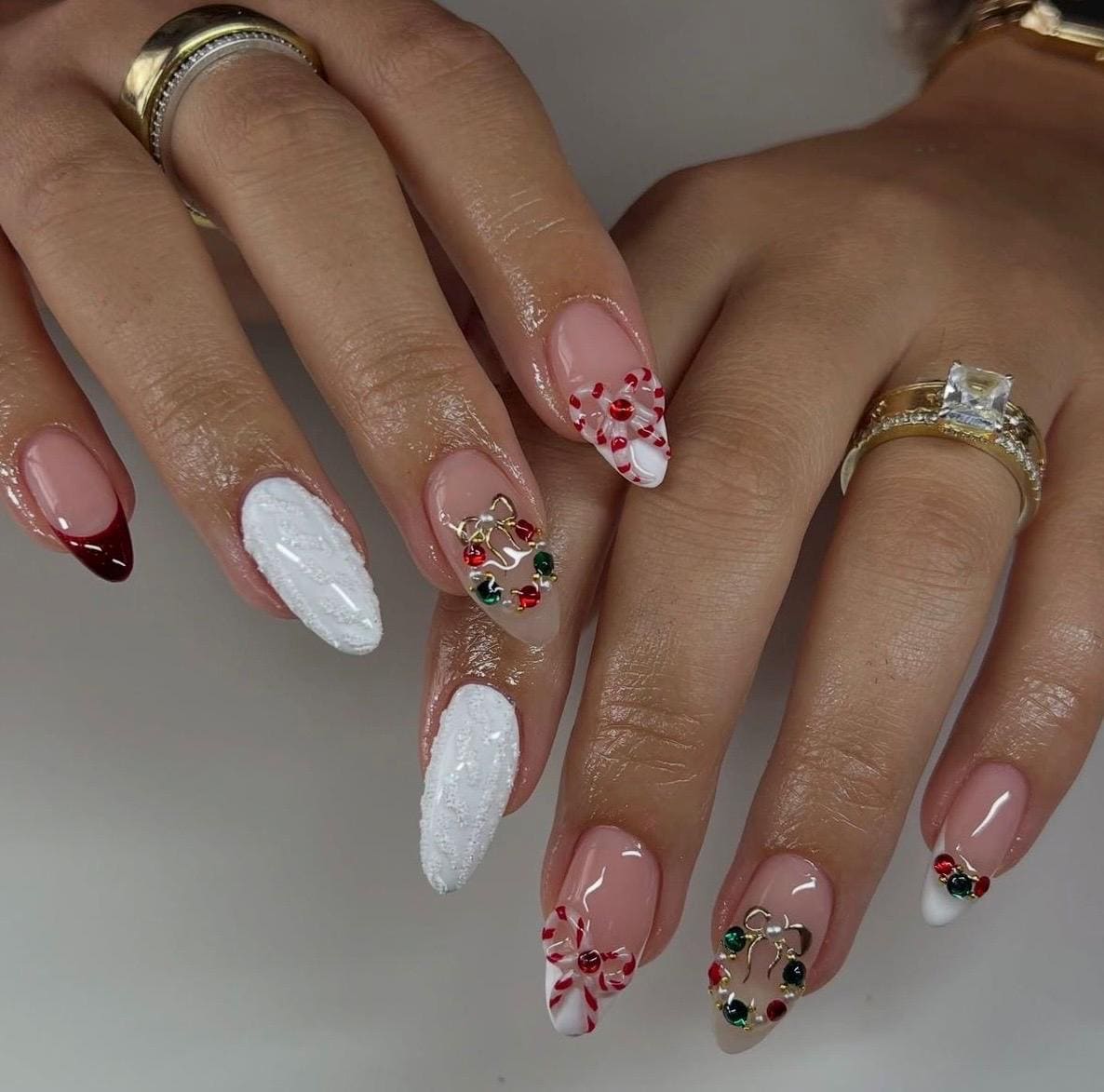 Christmas Press On Nails | Red & White Candy Cane Design with Gold Charms | Elegant Holiday Nail Set | Festive Handmade Almond Nails