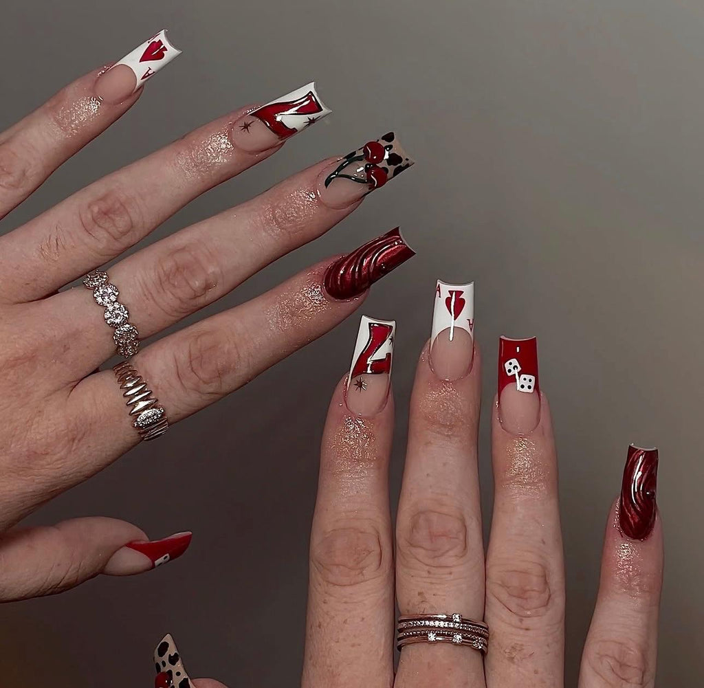 Red & Gold Accent French Press On Nails: Shimmer Chrome Tips
