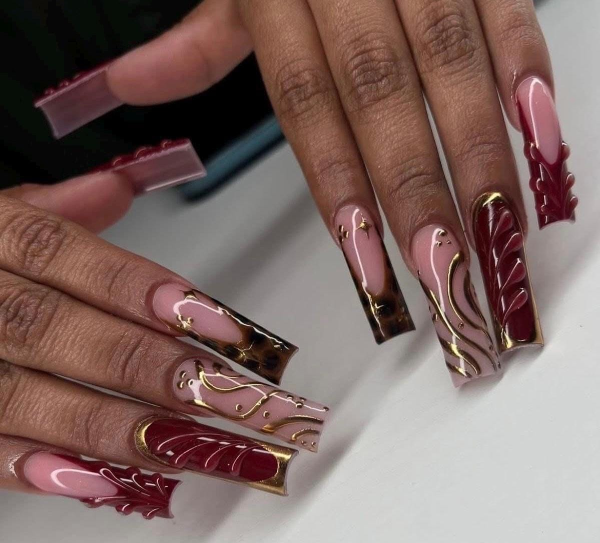 Luxury Burgundy & Gold Press On Nails | Tortoise French Nails | 3D Gel Swirl Nails | Holiday Glam Nail Set | Long Square Fake Nails