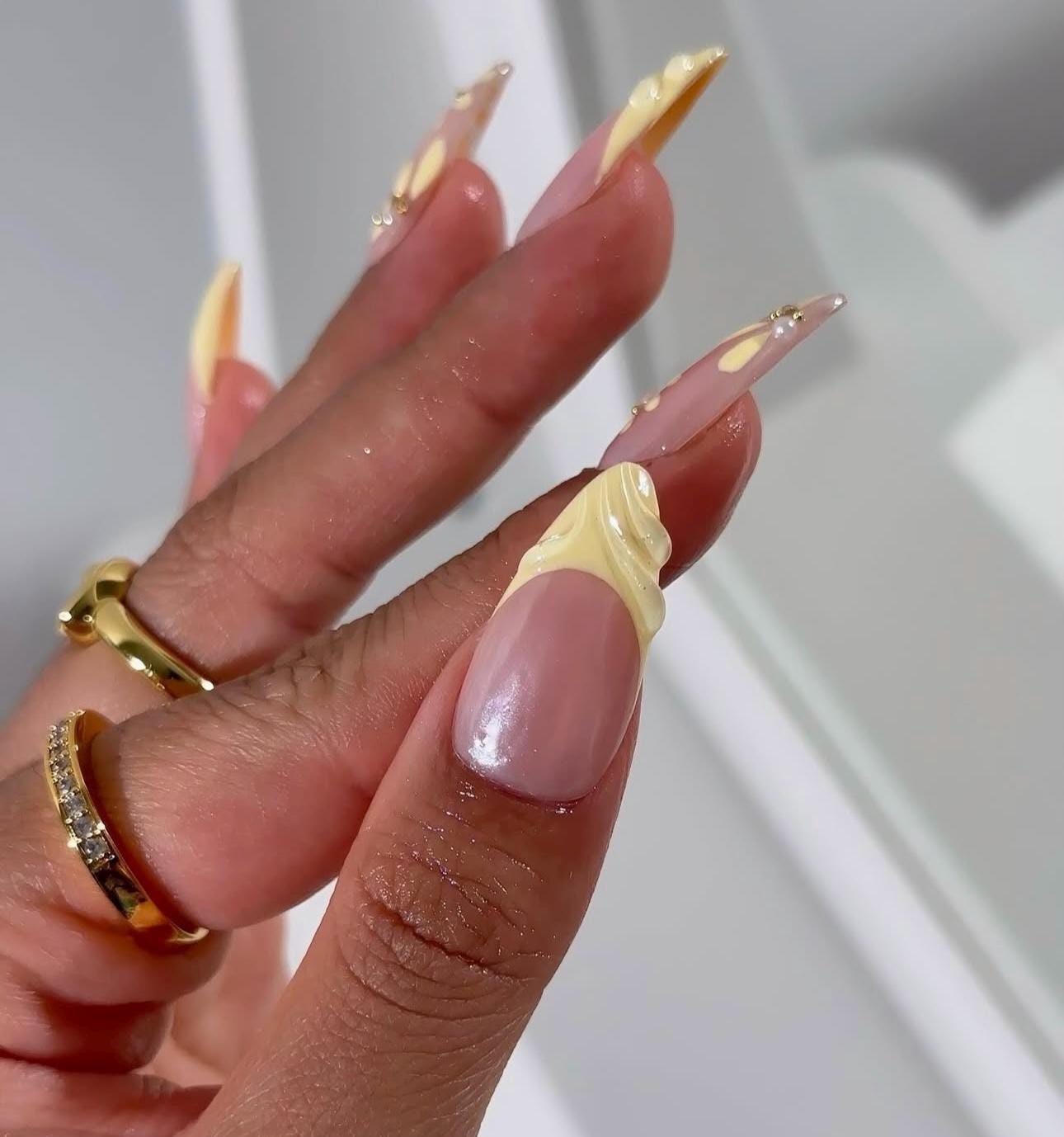 Butter Yellow Floral Press On Nails: 3D Gel Almond Medium Length