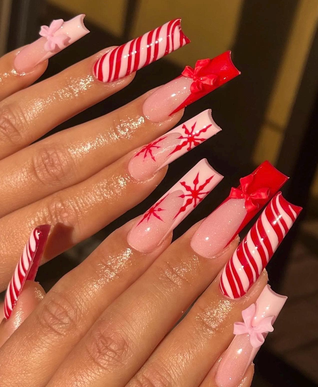 Candy Cane Red & Pink Christmas Nails • 3D Bow Gift Design Nails • Holiday Press On Nails • Winter Cute Long Square Nails, Holiday Gift Nail