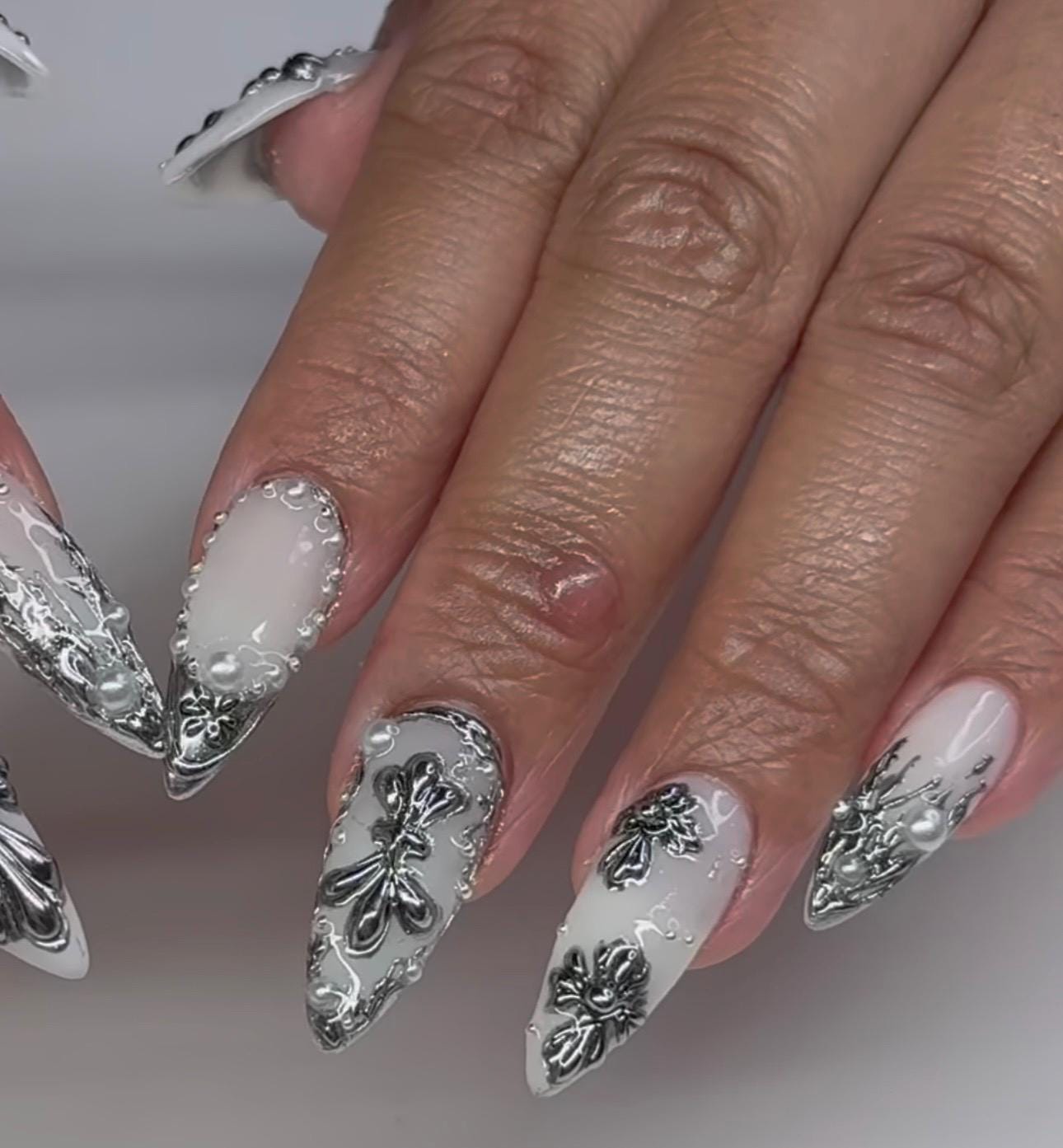 White Press On Nails: Silver Chrome Cross, 3D Gothic Almond Nail Art