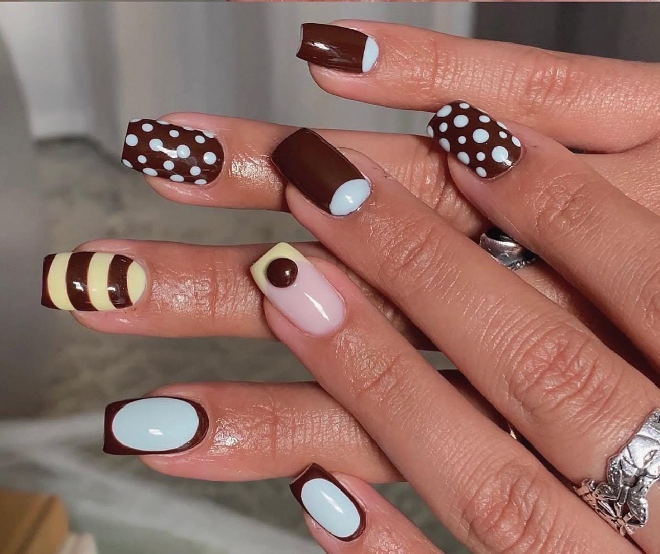 Chocolate Retro Press On Nails | Brown Mint Polka Dot Nails | Y2K Sweet Candy Nail Set | Funky Square Nails | Handmade Press On Nails