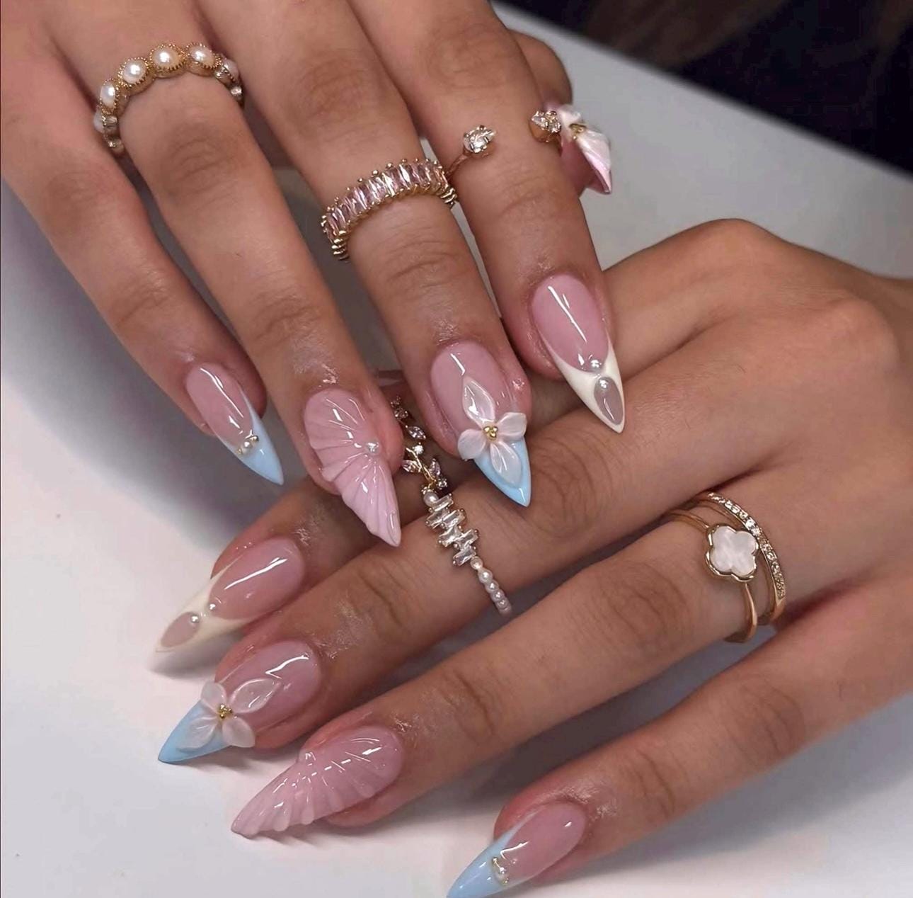 Pastel Almond Press On Nails: 3D Flowers & Pearl Details, Handmade Nail Art