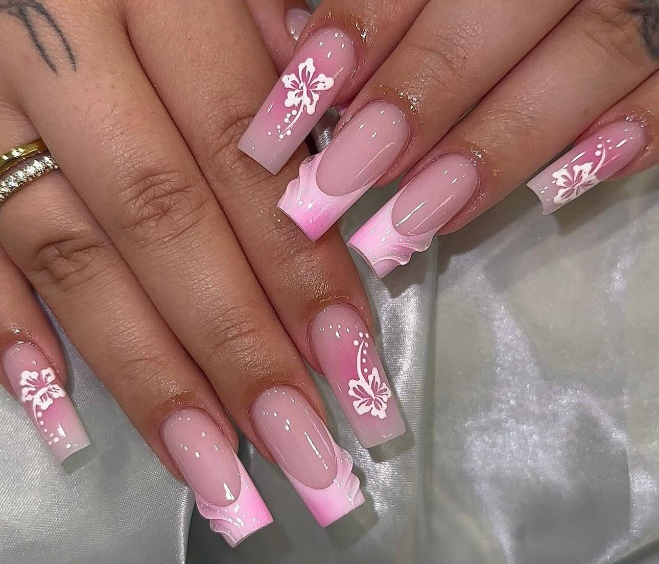 Pink Floral Press On Nails: Long Square Handmade Fake Nails