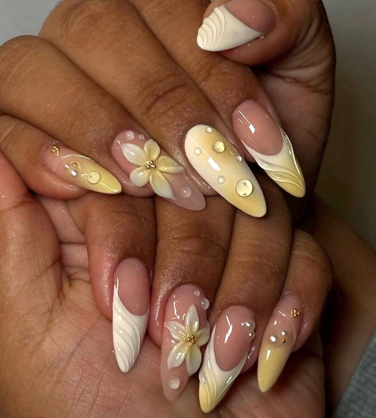 Ombre Press On Nails: Cream & Yellow, 3D Floral, Long Almond