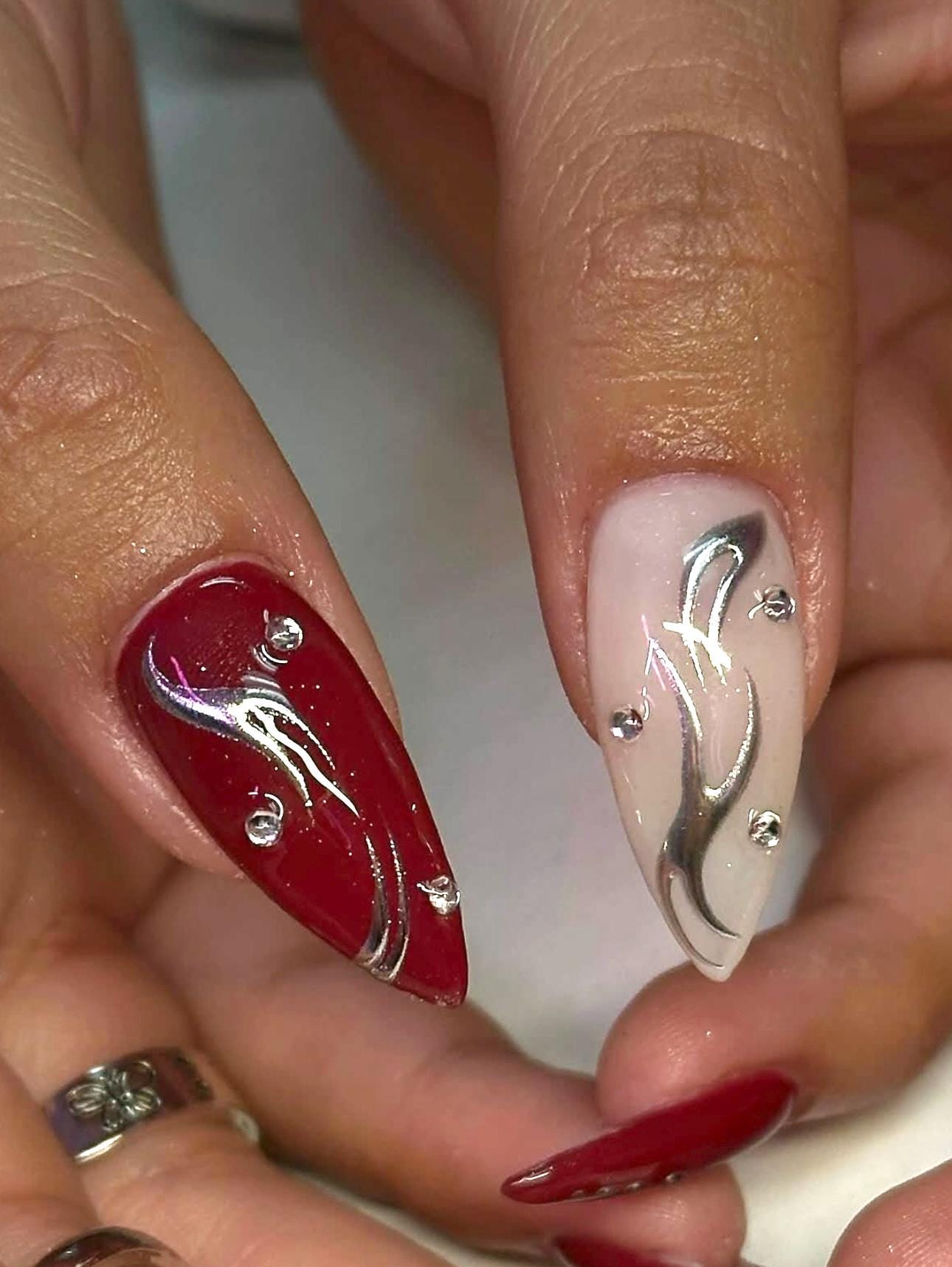 Gothic Y2K Press On Nails: Red Pearl, Silver 3D Heart Armor, Edgy Gel
