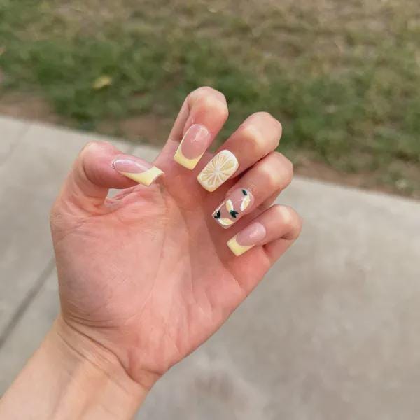 Lemon Yellow Press On Nails: 3D Flower, Summer Beach Style