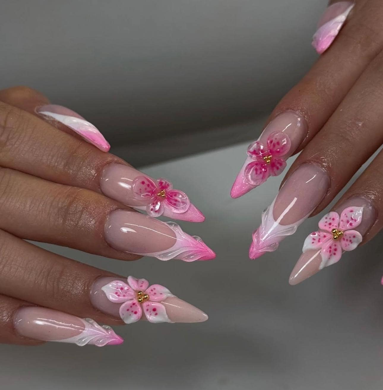 3D Flower Press On Nails: Pink Gel, White Almond Tips, Handmade