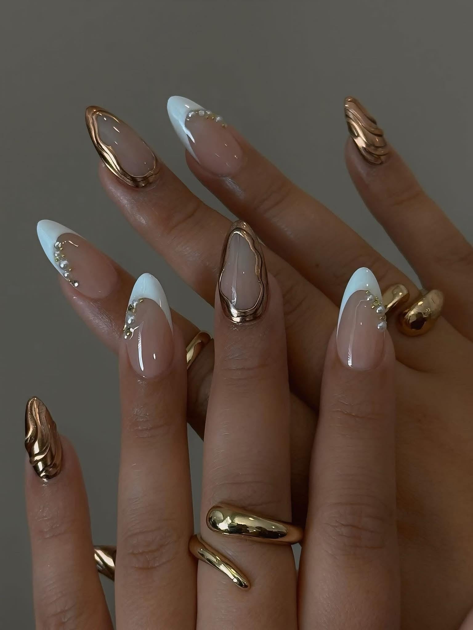 White French Press On Nails: Gold Chrome, Pearl & 3D Gel Almond - Reusable