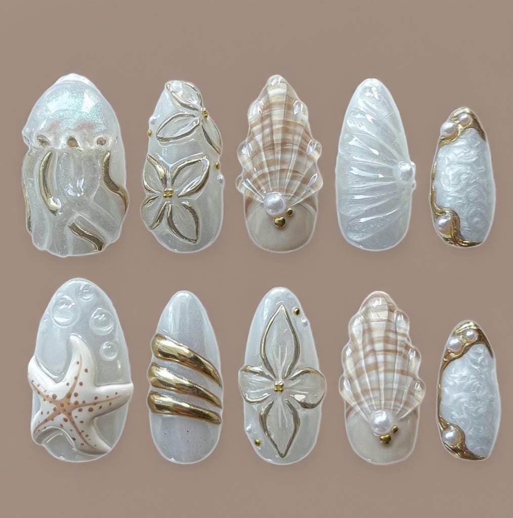 3D Starfish Press On Nails: Summer Shell Nail Art, Custom Design