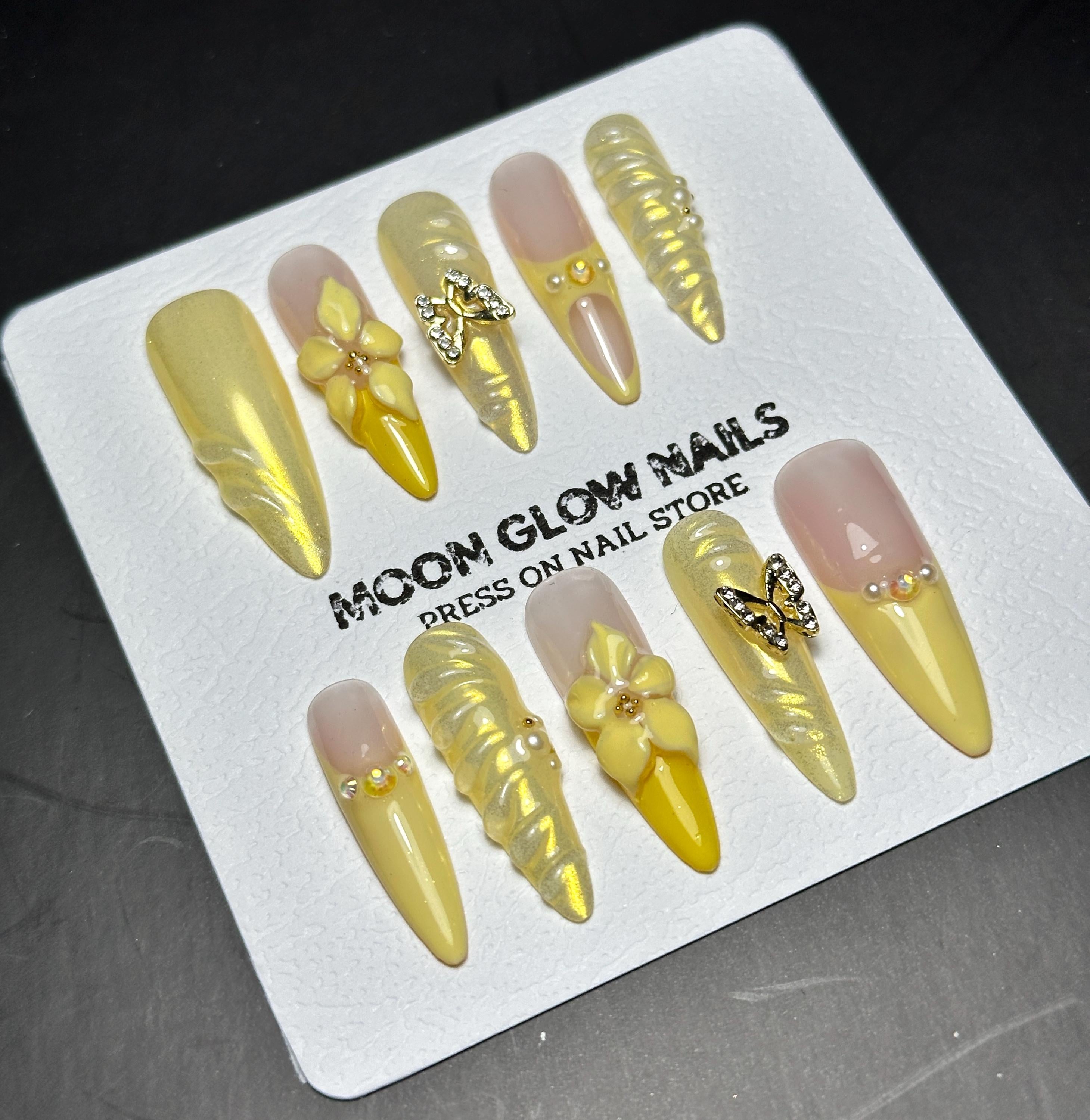 Yellow Press On Nails: 3D Floral Butterfly Almond Glam Nails