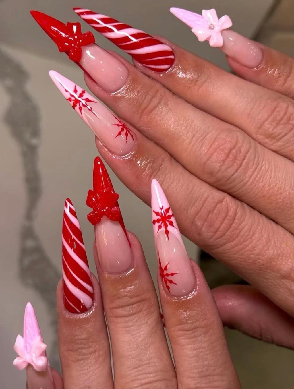 Red & Pink Candy Cane Christmas Nails – 3D Bow Press On Nails, Holiday Gift Wrap Nails, Winter Snowflake Long Stiletto Tips, Handmade Nails