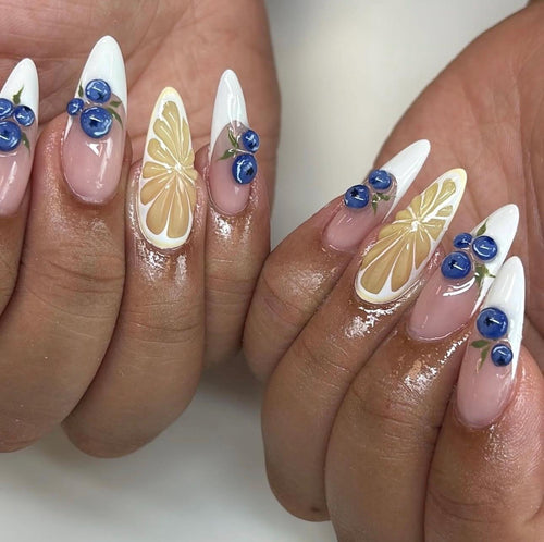 3D Citrus Blueberry Press On Nails: Handmade French Tip False Nails