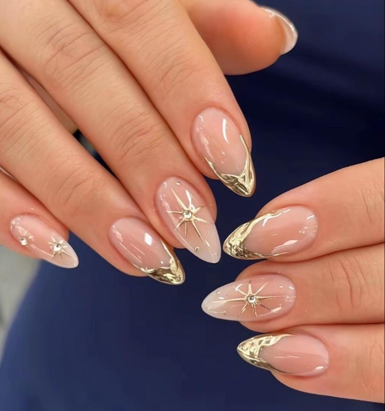 Gold Chrome French Tip Nails | Nude Medium Almond Press On Nails with Star Design - Rhinestone Accents, Elegant Bridal Wedding Nails, Unique
