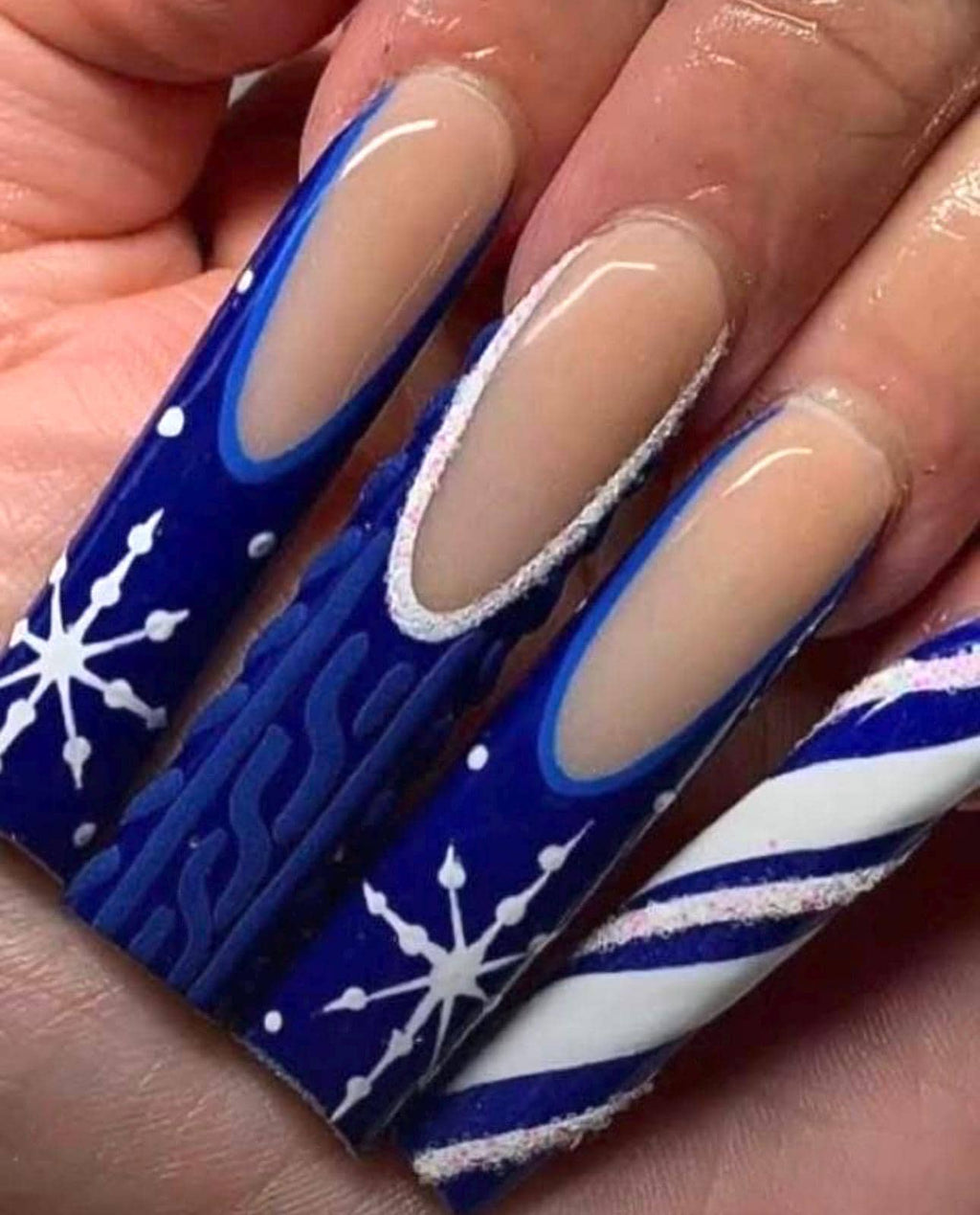 Blue Winter Snowflake Press On Nails • 3D Sweater Texture • Holiday Candy Cane Nails • Long Coffin Handmade Christmas Nail Set