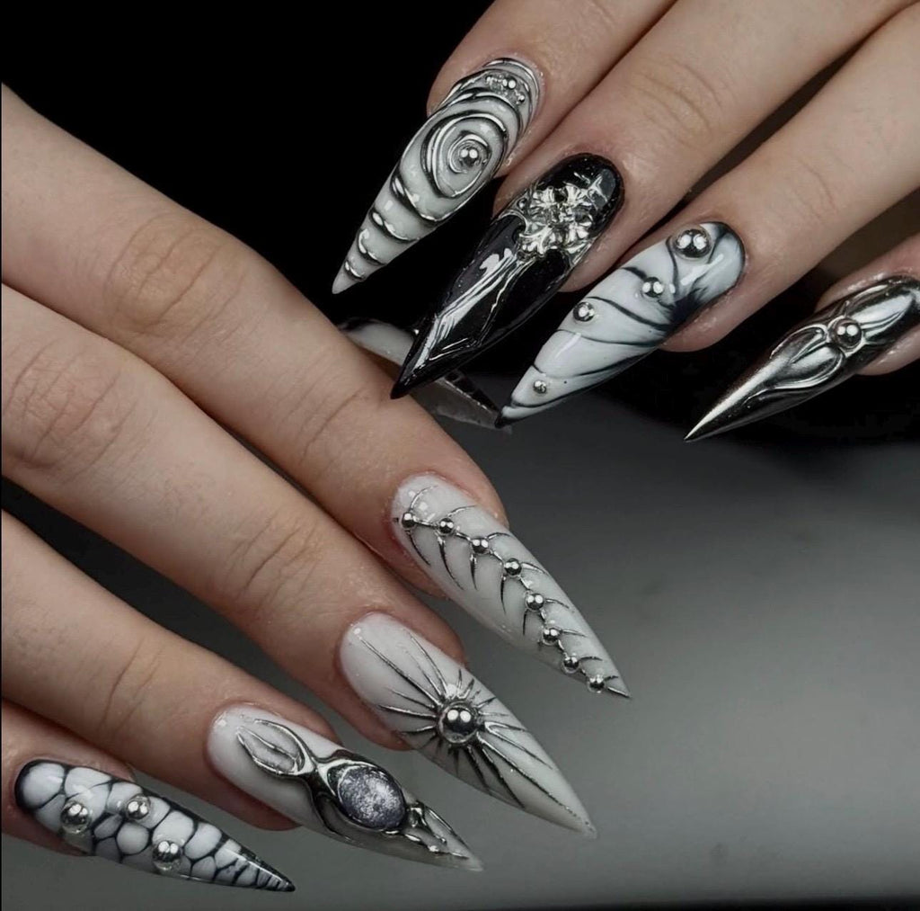 Gothic Chrome Stiletto Press On Nails, Black Silver 3D Art, Y2K Dark Aesthetic, Luxury Handmade Reusable Nail Set, Gift for Her