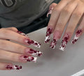 Burgundy Floral French Nails: Long Square Press Ons, Handmade Nail Art