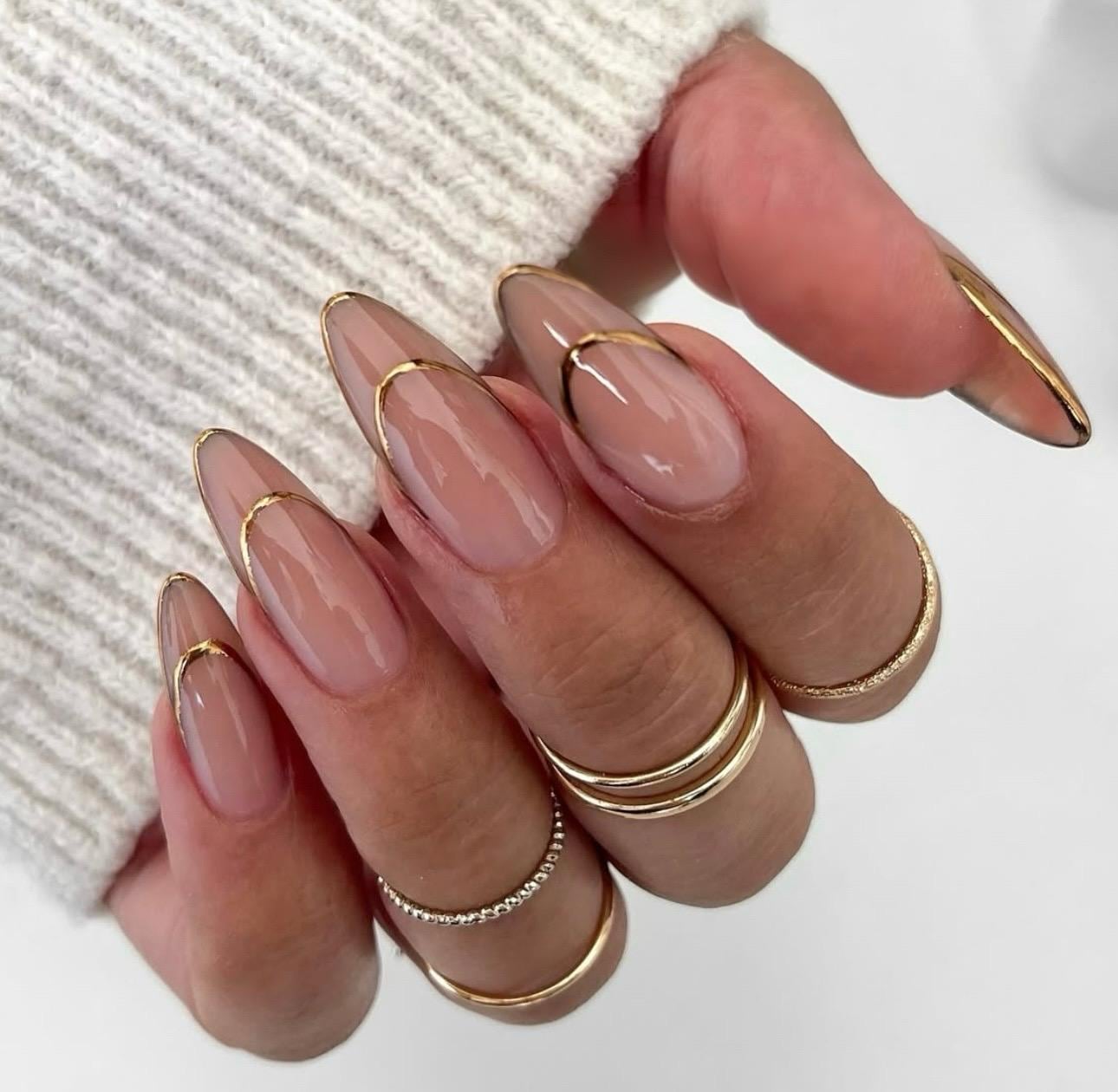 Handmade Press on Nails, Minimal Gold Line Press On Nails | Nude Transparent Almond Nails | Luxury Everyday Fake Nails | Chic Nails