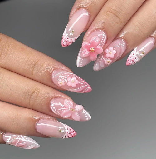 3D Floral Press On Nails: Soft Pink French Tip Almond - Handmade