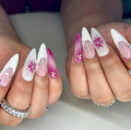 3D Floral Press On Nails: White French Almond, Handmade Nail Art