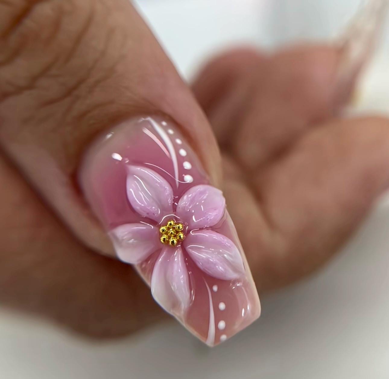 Pink Tropical 3D Flower Press On Nails: Leopard, Gold Shell, Medium Coffin Shape Nails, Handmade Fake False Nails