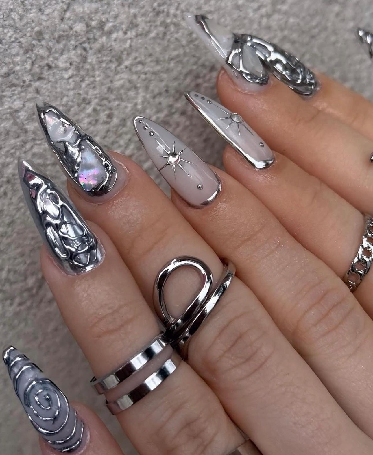 Milk White Gothic Nails with Silver 3D Gel Design | Long Almond Press On Nails | Elegant Gothic Nail Art for Special Occasions