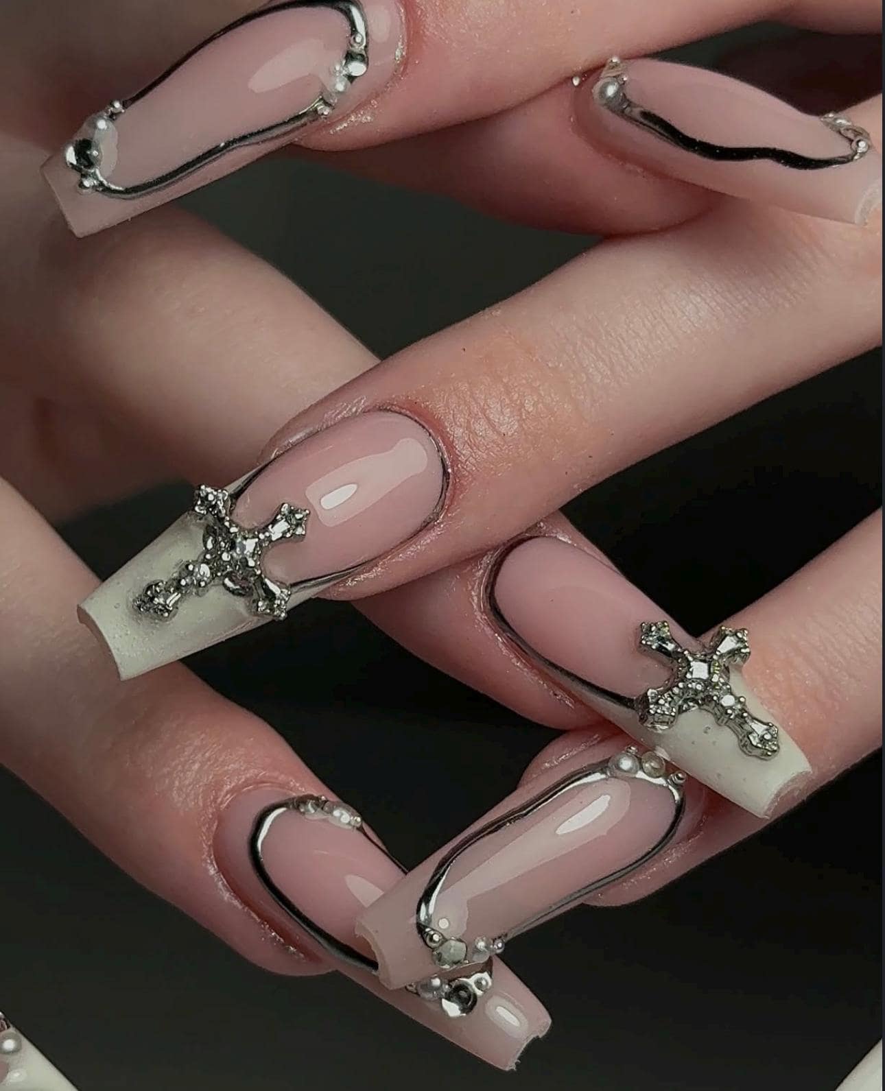 White Coffin Press On Nails: Chrome Cross, Gothic Handmade Nail Set