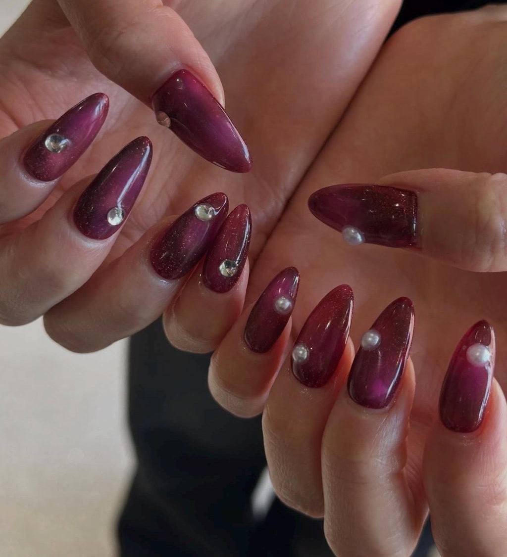 Burgundy Pearl Press On Nails | Luxury Wine Red Almond Nails | Elegant Minimal Pearl Nails | Handmade Reusable Gel Set