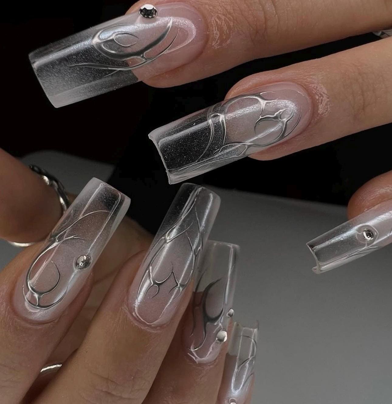 Y2K Silver Metallic Long Square Clear Handmade Press On Nails
