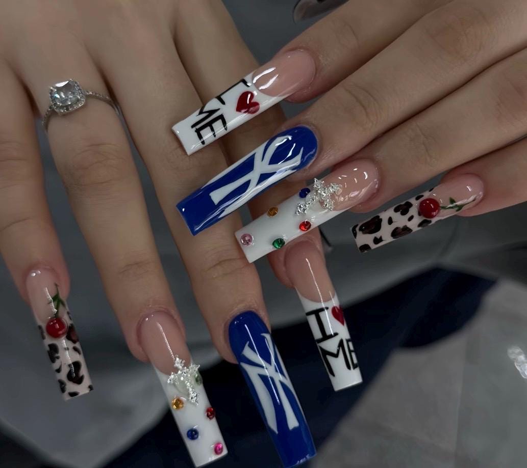 Y2K Press On Nails: Leopard Cherry Nail Art, Rhinestone Cross Design Nails, French Tip, Handmade Long Square Nails