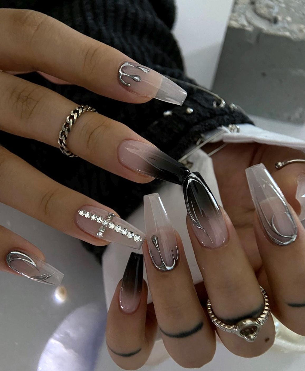 Black Ombre Press On Nails: Kawaii Chrome Cross, Long Almond, Reusable