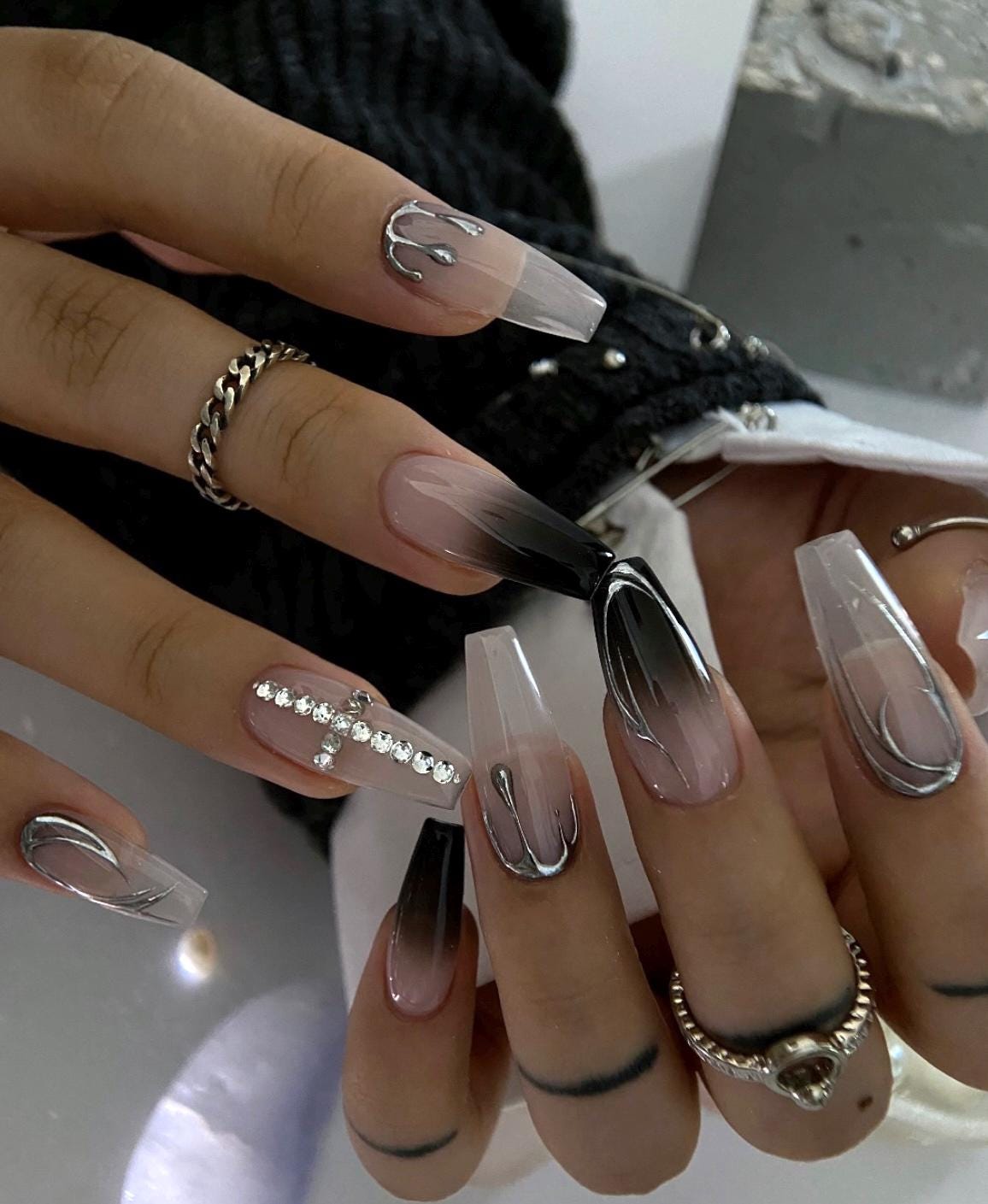 Black Ombre Press On Nails: Kawaii Chrome Cross, Long Almond, Reusable