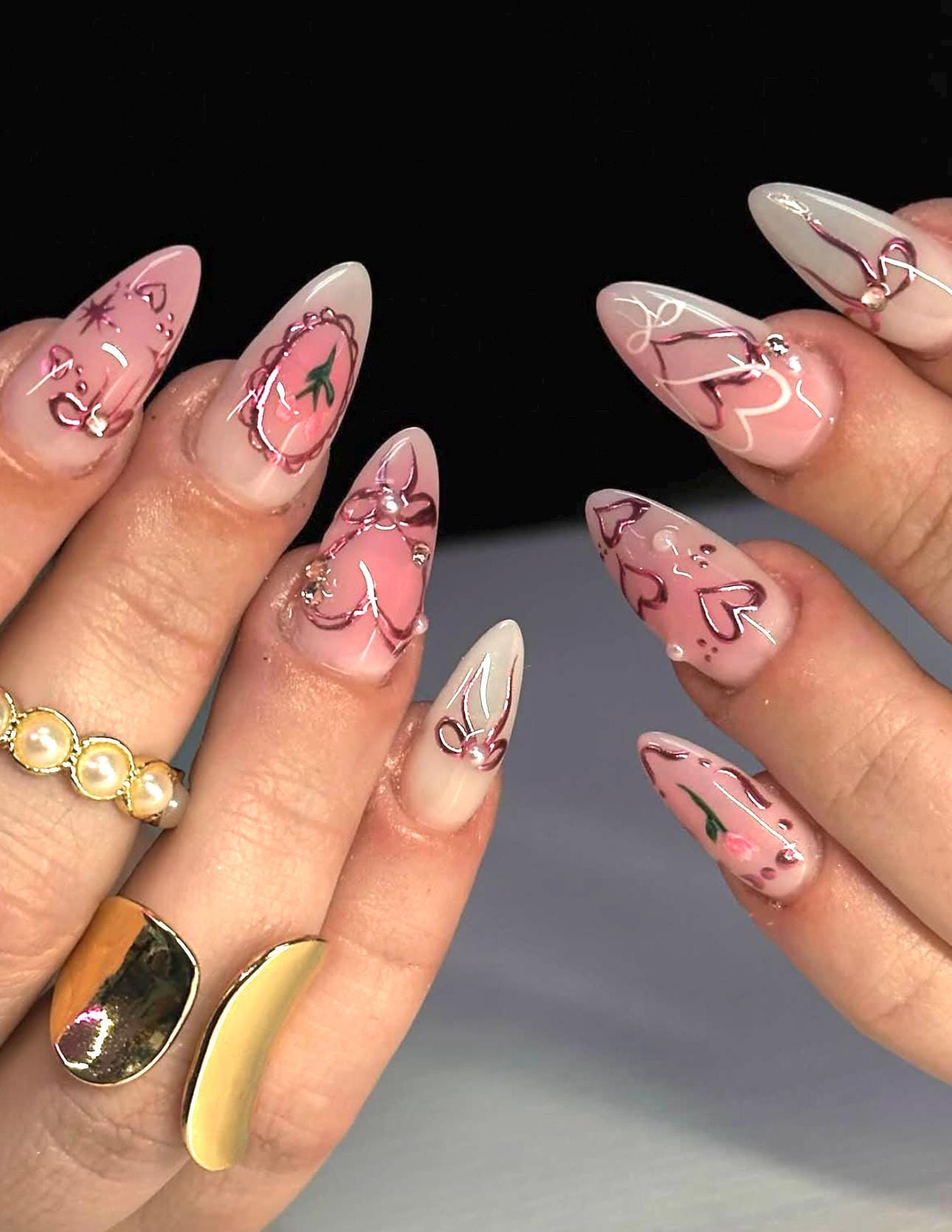 Rose Gold Chrome Heart Press On Nails: Elegant Ribbon Almond Nails