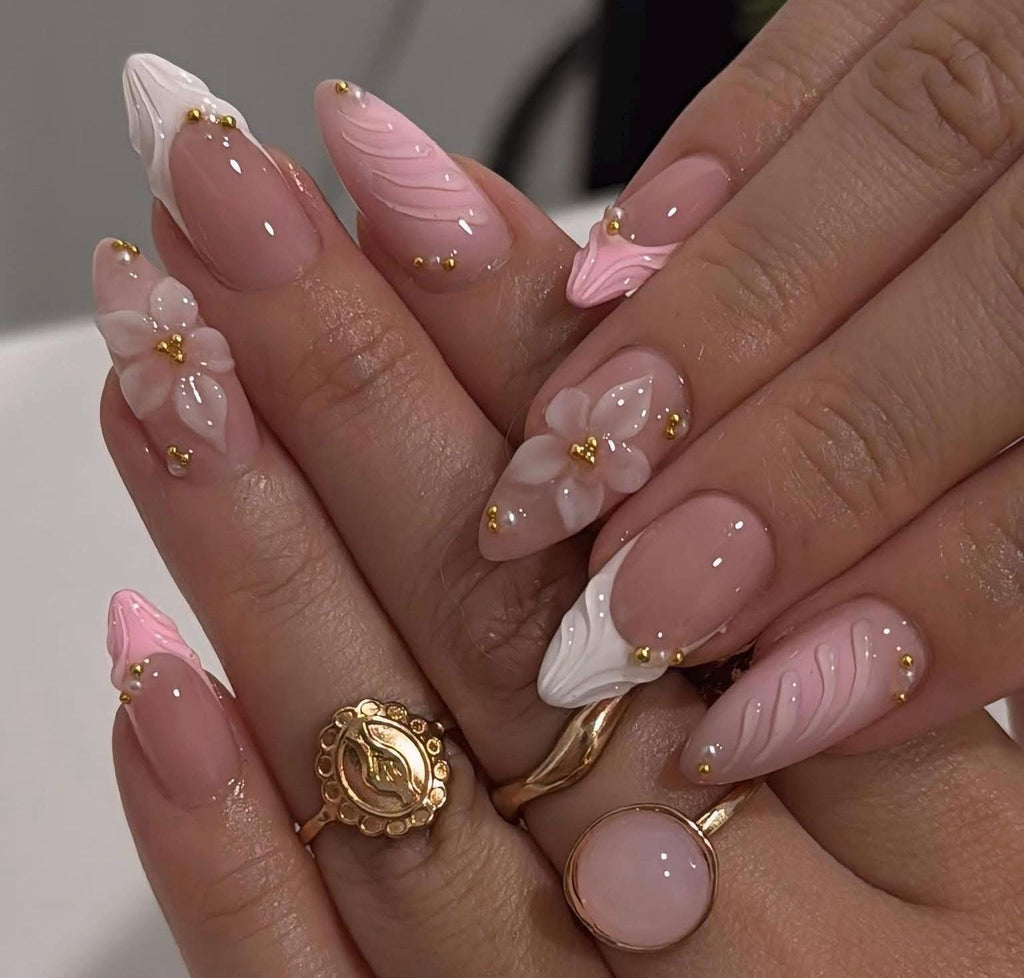 3D Flower Press On Nails: White Almond, Gold Rhinestones - Handmade