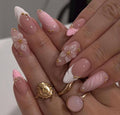 3D Flower Press On Nails: White Almond, Gold Rhinestones - Handmade