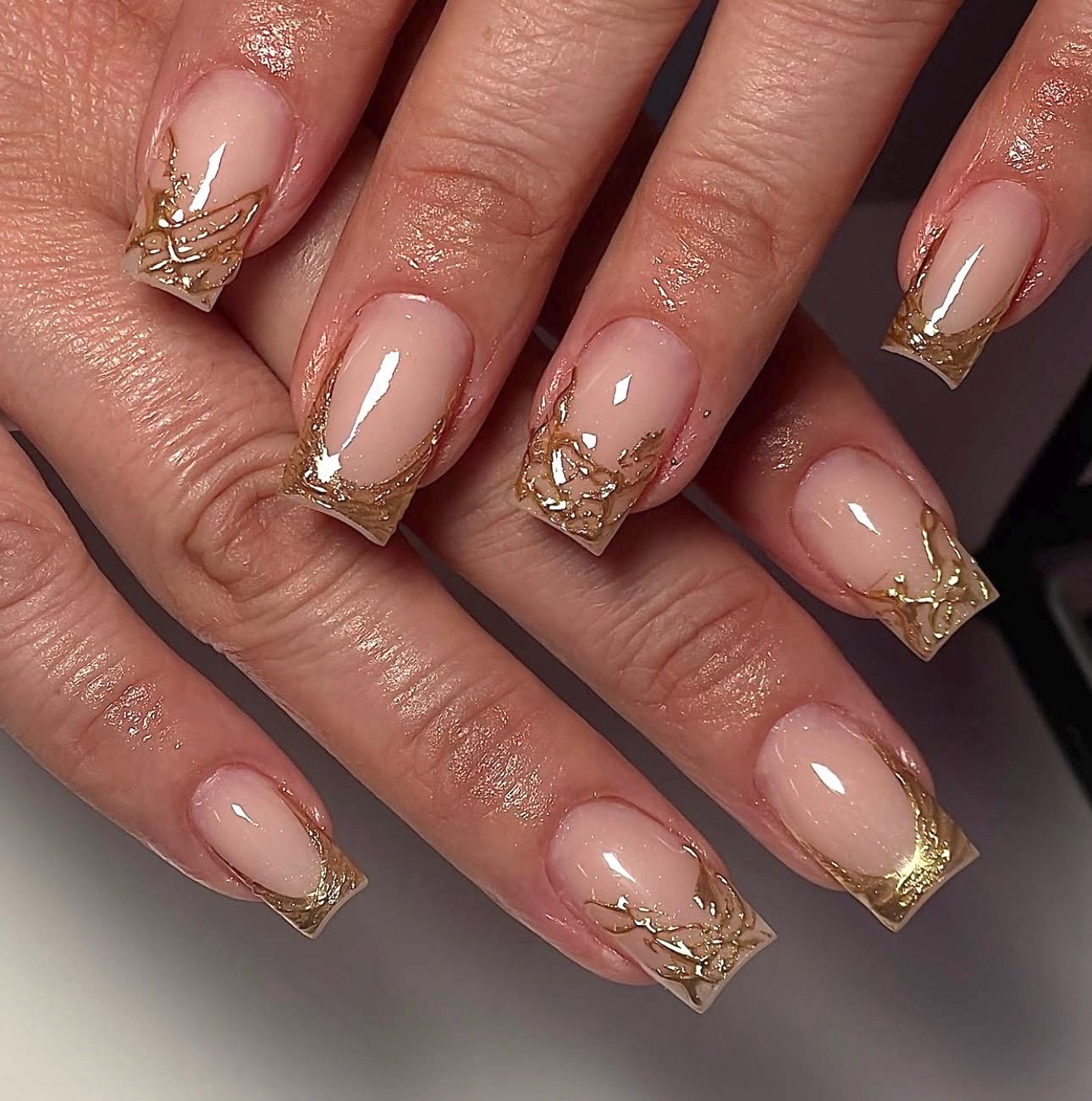 Luxury Nude French Press On Nails | Gold Chrome Tip Coffin Nails | Elegant Minimal Nail Set | Shiny Nude Manicure | Wedding & Gift for Her