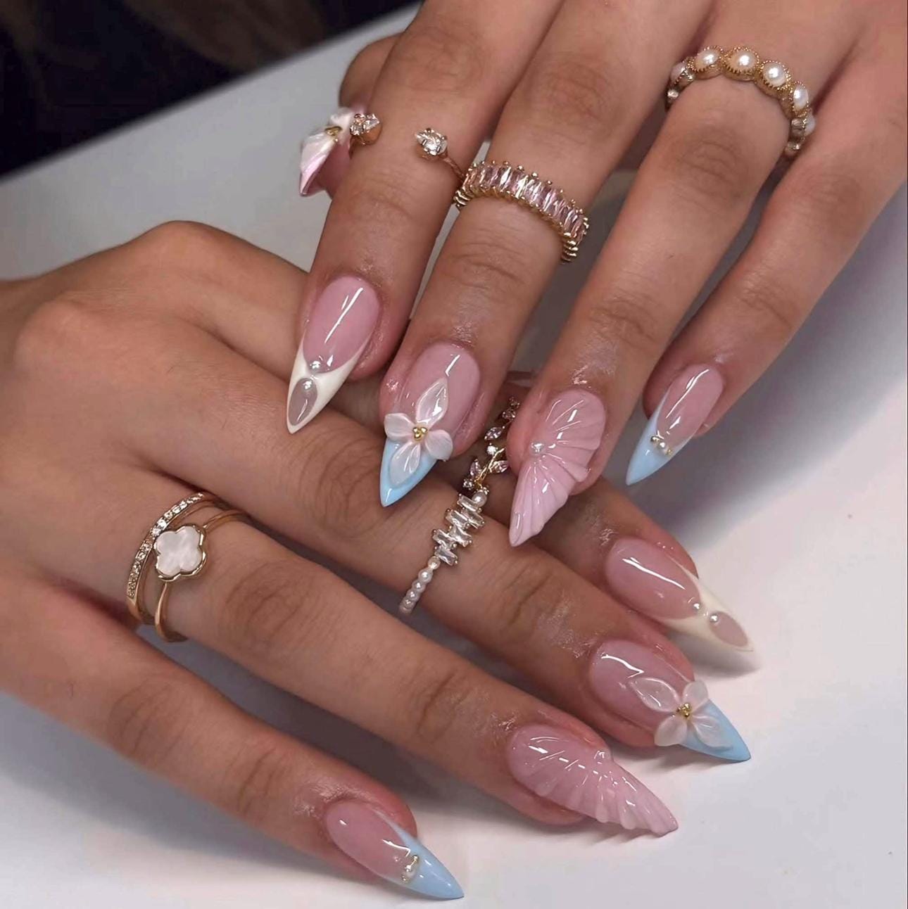 Pastel Almond Press On Nails: 3D Flowers & Pearl Details, Handmade Nail Art