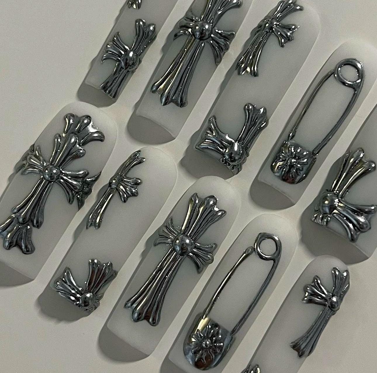 3D Cross Press On Nails: Matte Metallic Art, Custom Design