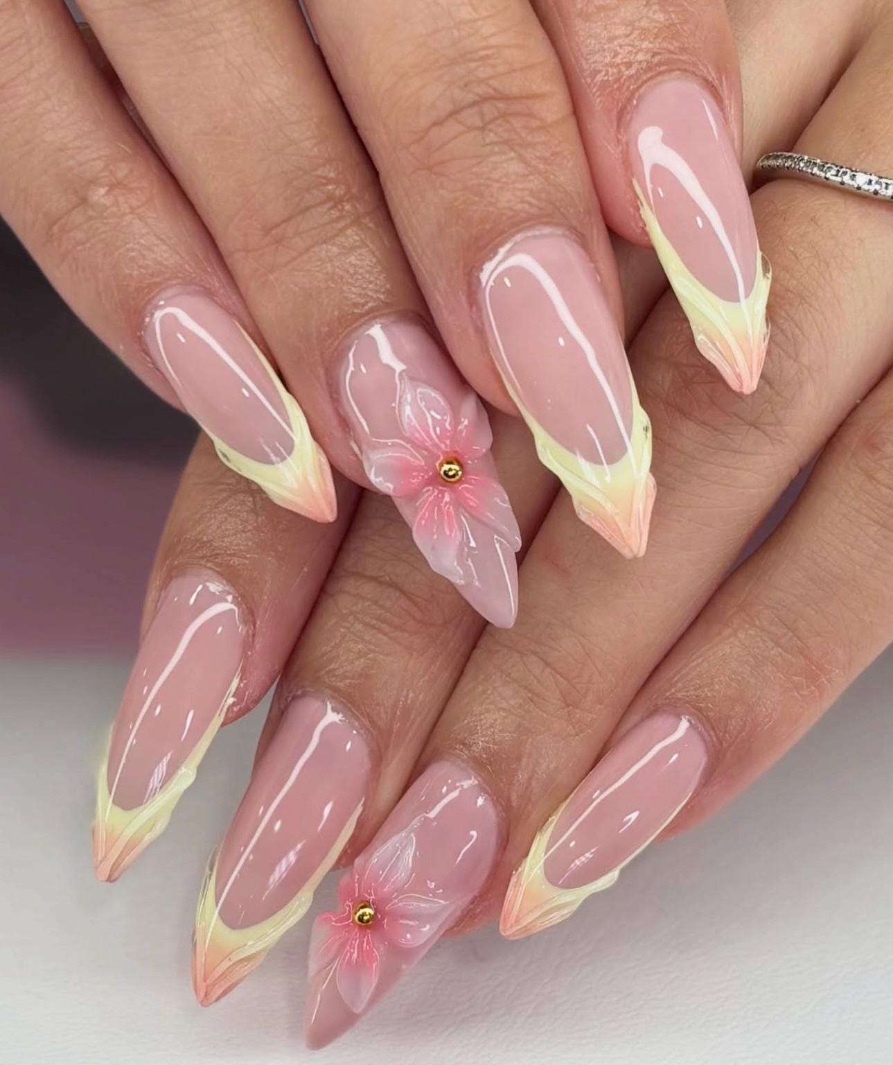 Handmade Pink French Tip Press On Nails: Yellow Floral 3D Gel Almond Nails