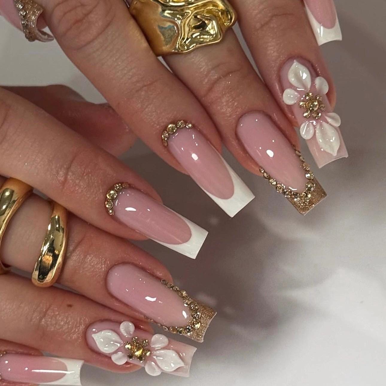 Luxury Bridal Press On Nails | 3D Flower French Tip Nails | Pink & White Gold Crystal Set | Wedding Glam Handmade