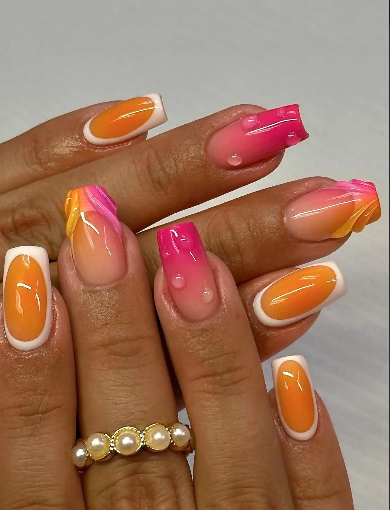Pink & Orange Press On Nails: 3D Gel Art, Square Summer Nails