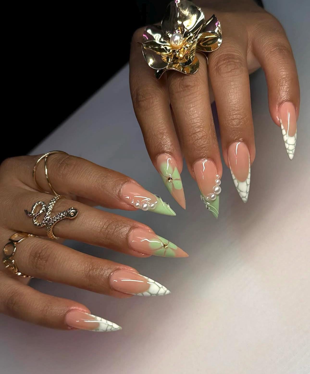 Elegant Pearl Stiletto Press On Nails: Handmade Marble Nail Art